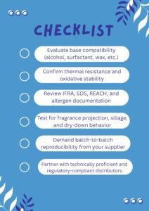 An expanded infographic checklist highlighting critical industrial fragrance oil selection factors including compatibility, thermal performance, documentation, batch control, and supplier reliability.